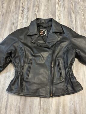 VTG Zony Inc Leather Jacket Women’s Large Black Braided Moto Biker Coat